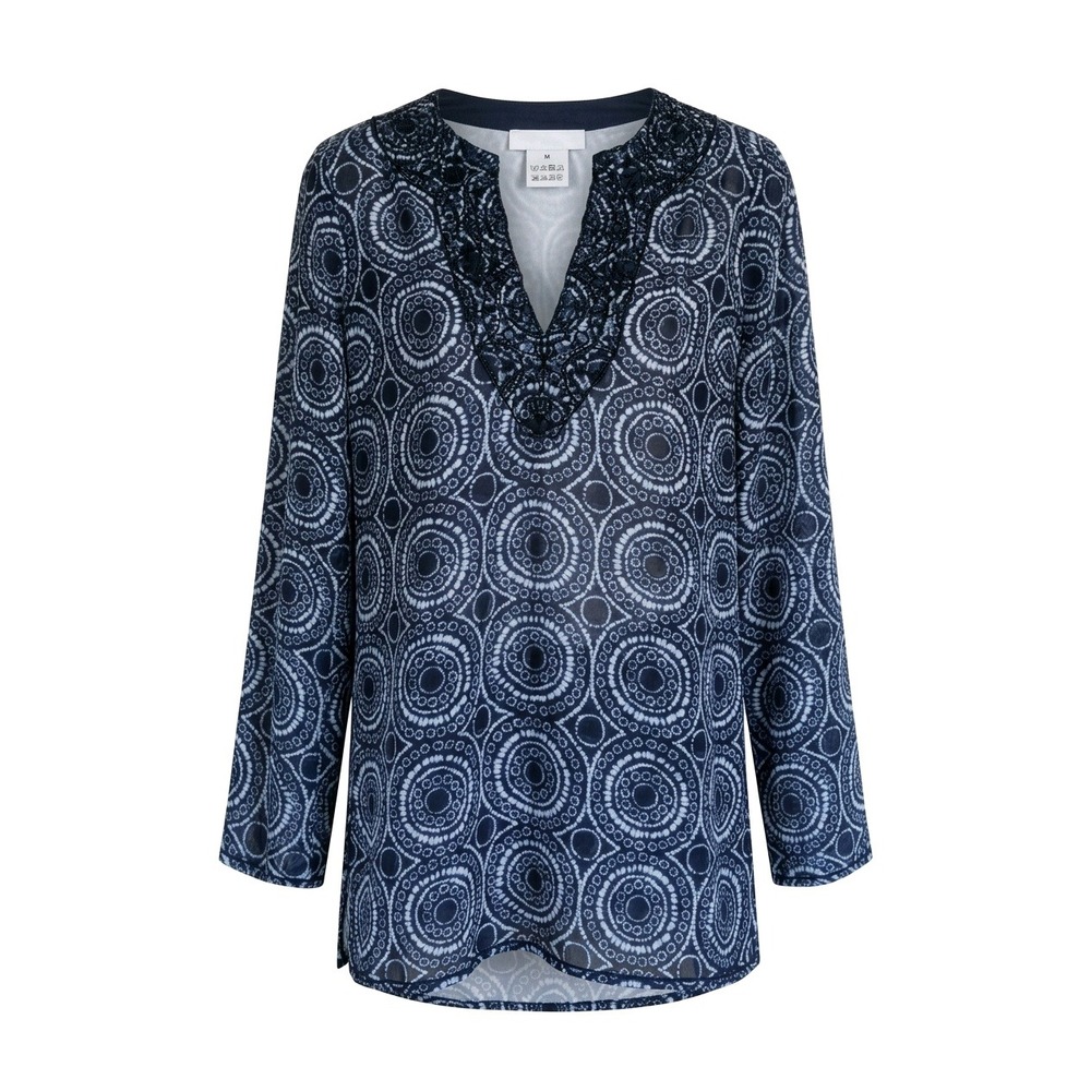 Michael Kors‎ Navy Medallion Print Sequin Lace Trim V-Neck Tunic Blouse XS